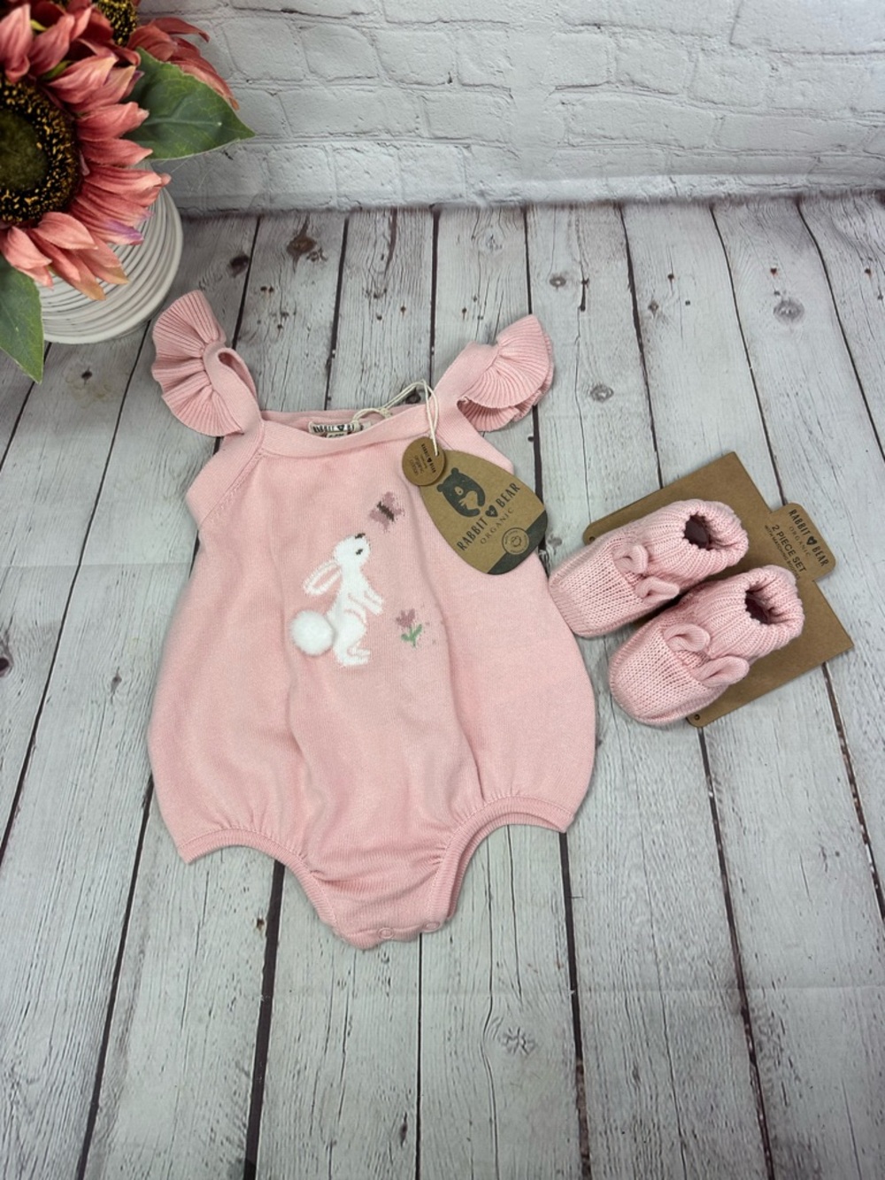 NWT rabbit + bear Knit One-Piece romper Ruffle Straps bunny booties coquette
